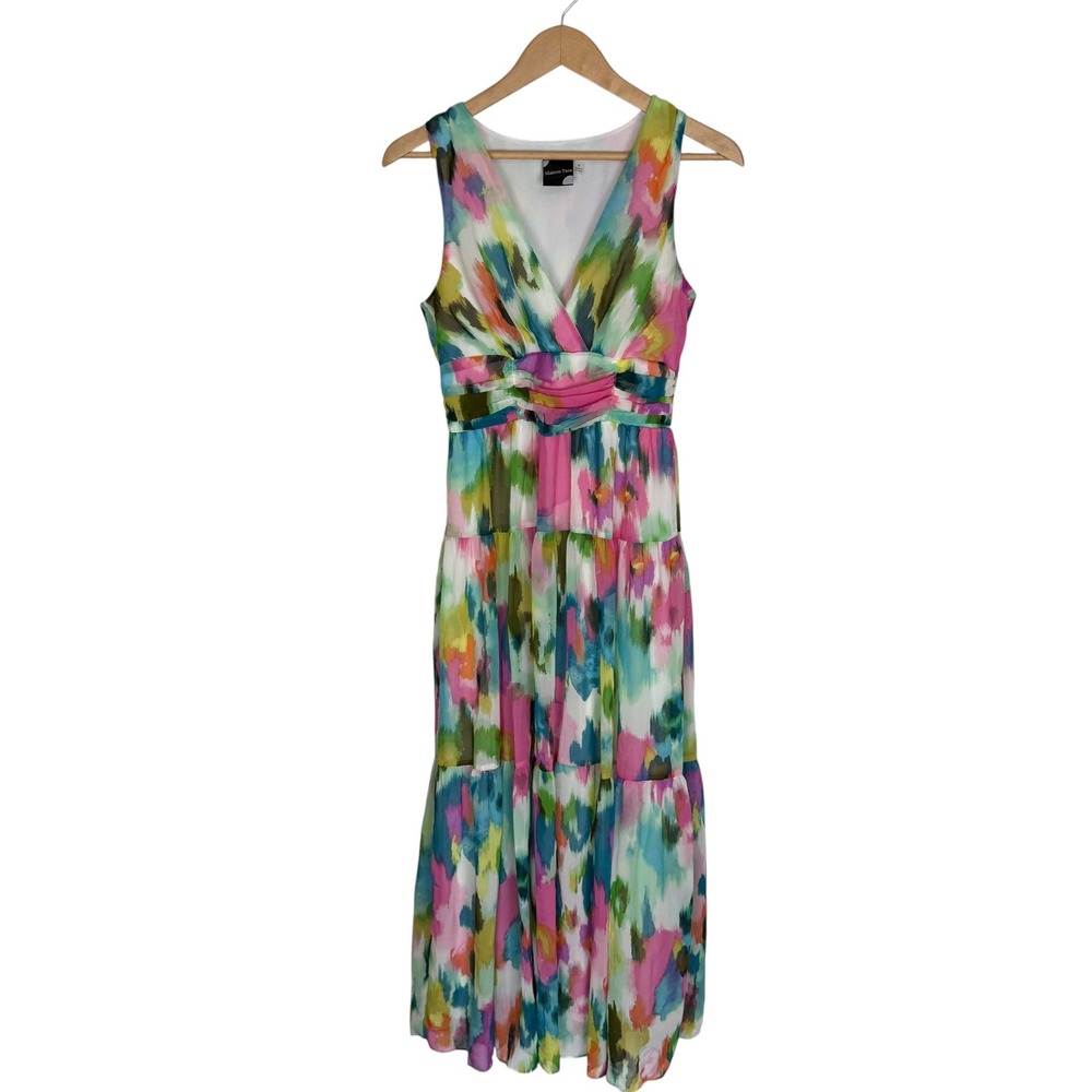 Maison Tara Womens Multi Color Abstract Watercolor Tiered Maxi Dress Size 6